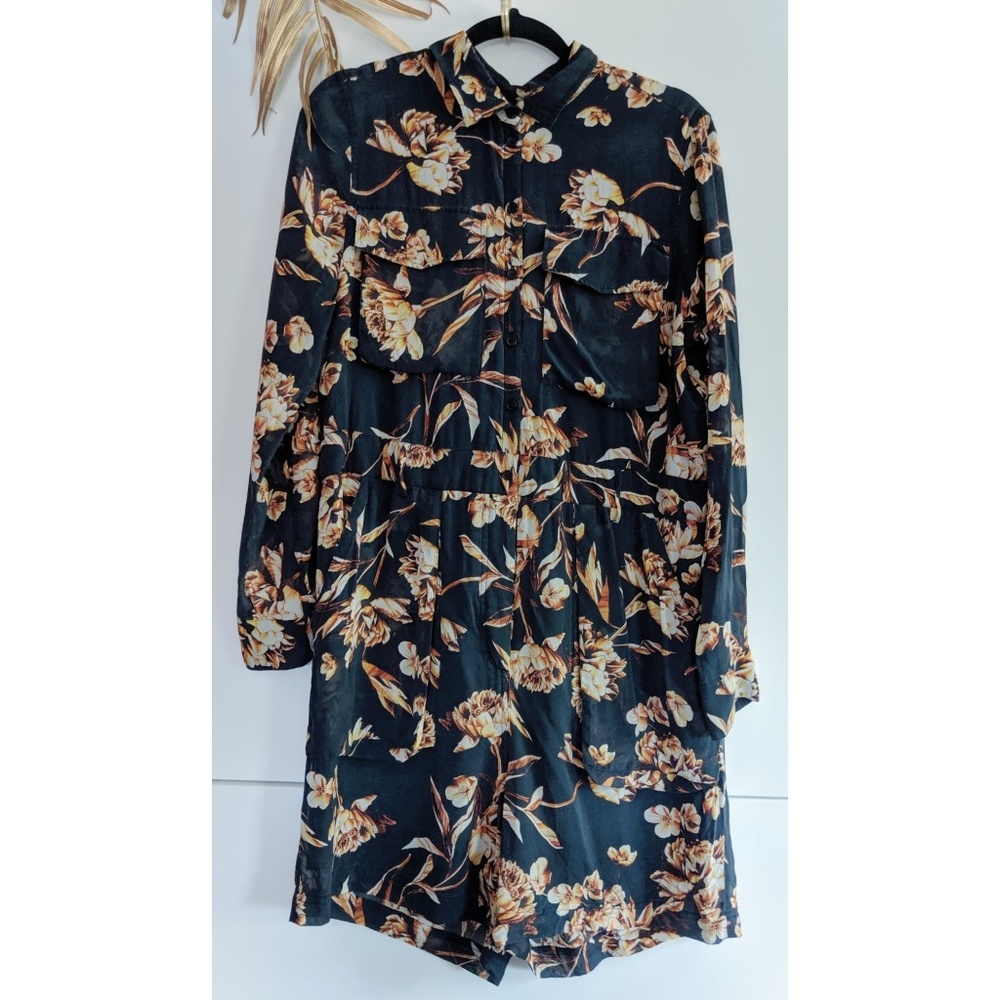 [H&M] Navy Blue Tropical Silk Romper Playsuit